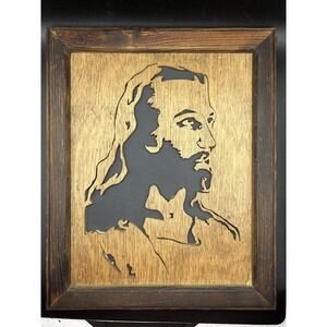Framed Religious Rustic Laser Cut Wood Portrait of Jesus Christ 11.5" x 9"
